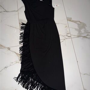 DKNY Black Asymmetrical Fringe Dress